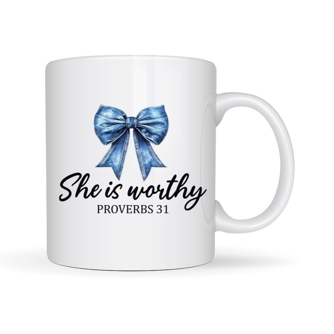 She Is Worthy (blue bow) Mug